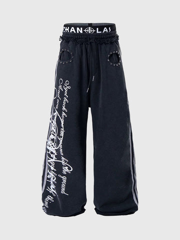 Brick Lane Layered-look Rhinestone Print Wide-leg Pants - Black