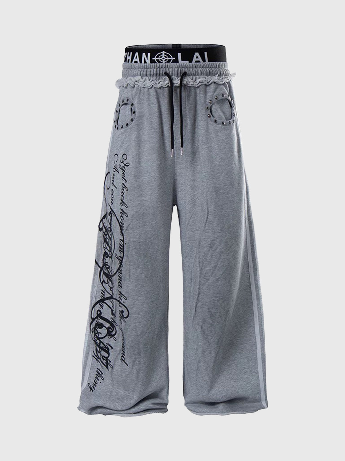 Brick Lane Layered-look Lace Trim Rhinestone Pants - Grey
