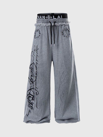 Brick Lane Layered-look Lace Trim Rhinestone Pants - Grey