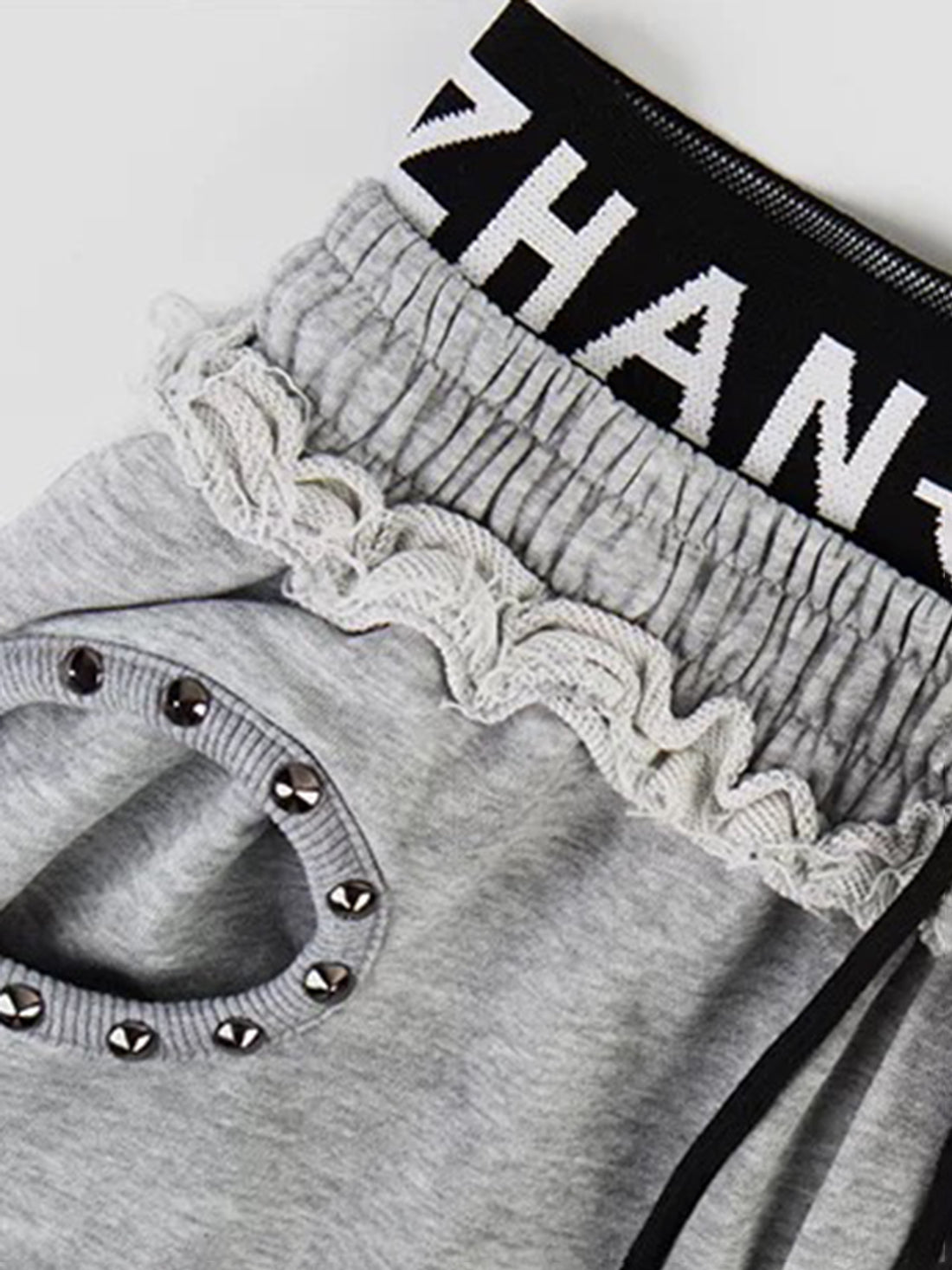 Brick Lane Layered-look Lace Trim Rhinestone Pants - Grey