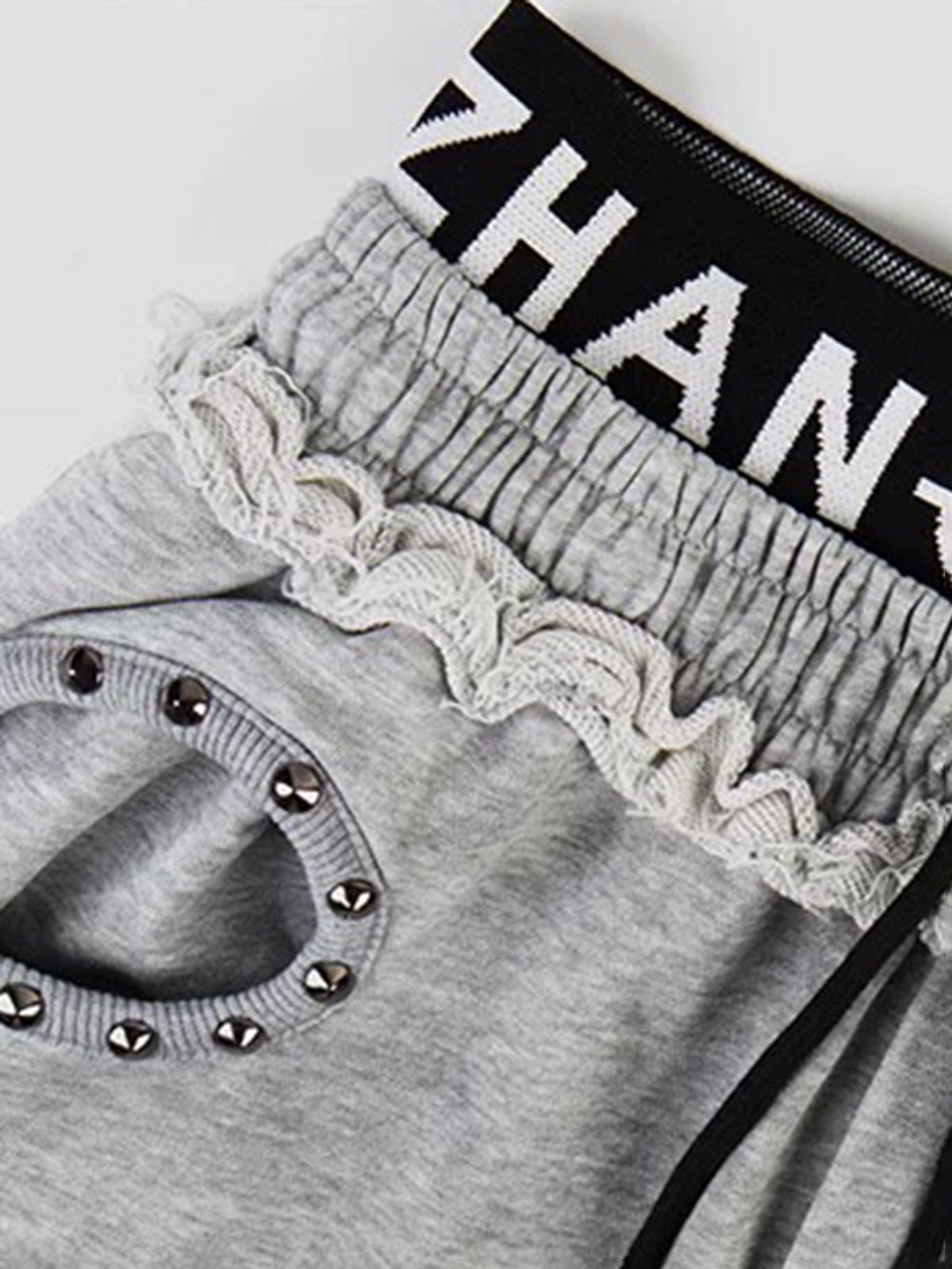 Brick Lane Layered-look Lace Trim Rhinestone Pants - Grey