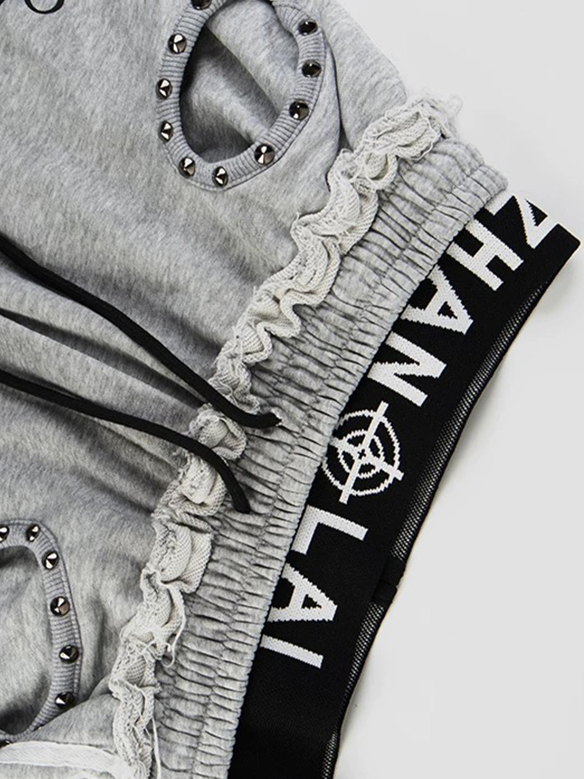 Brick Lane Layered-look Lace Trim Rhinestone Pants - Grey