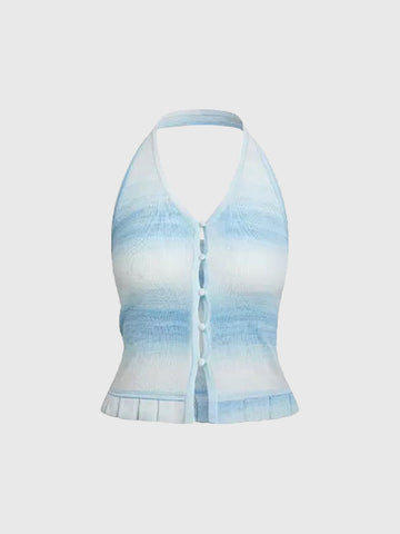 Dolled Office Halter Ombre Stripe Open Back Top - Blue