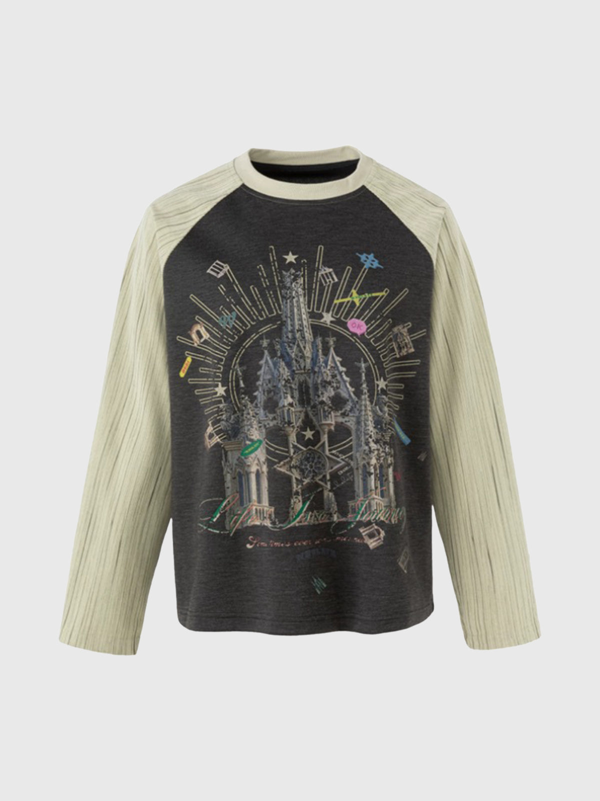 Co-ed Dorm Baggy Striped Raglan Graphic Sweatshirt - Beige