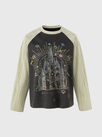 Co-ed Dorm Baggy Striped Raglan Graphic Sweatshirt - Beige