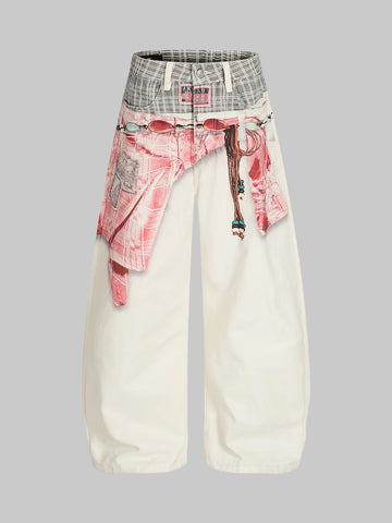 Brick Lane Curved Cut Floral Wrap Print Pants - Apricot