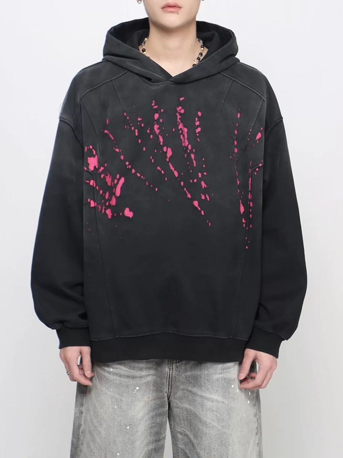 Co-ed Dorm Baggy Contrast Color Graphic Hoodie - Black