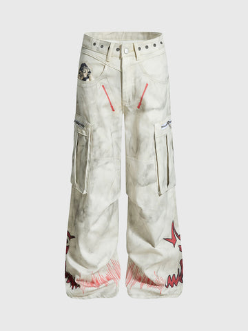 Brick Lane Wide-leg Paint Splatter Print Cargo Pants - White