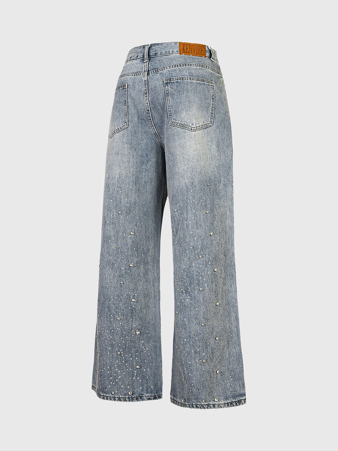 Brick Lane Straight Rhinestone Studded Washed Jeans - Blue