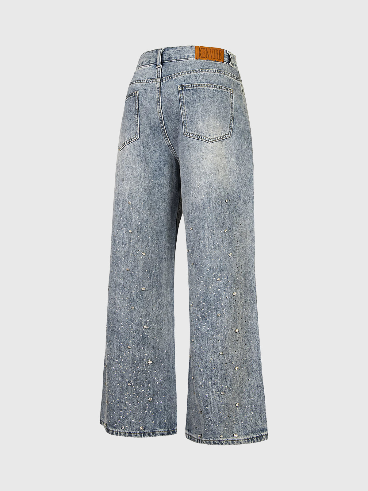 Brick Lane Straight Rhinestone Studded Washed Jeans - Blue