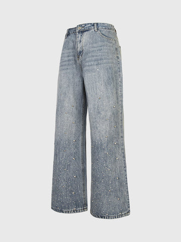 Brick Lane Straight Rhinestone Studded Washed Jeans - Blue