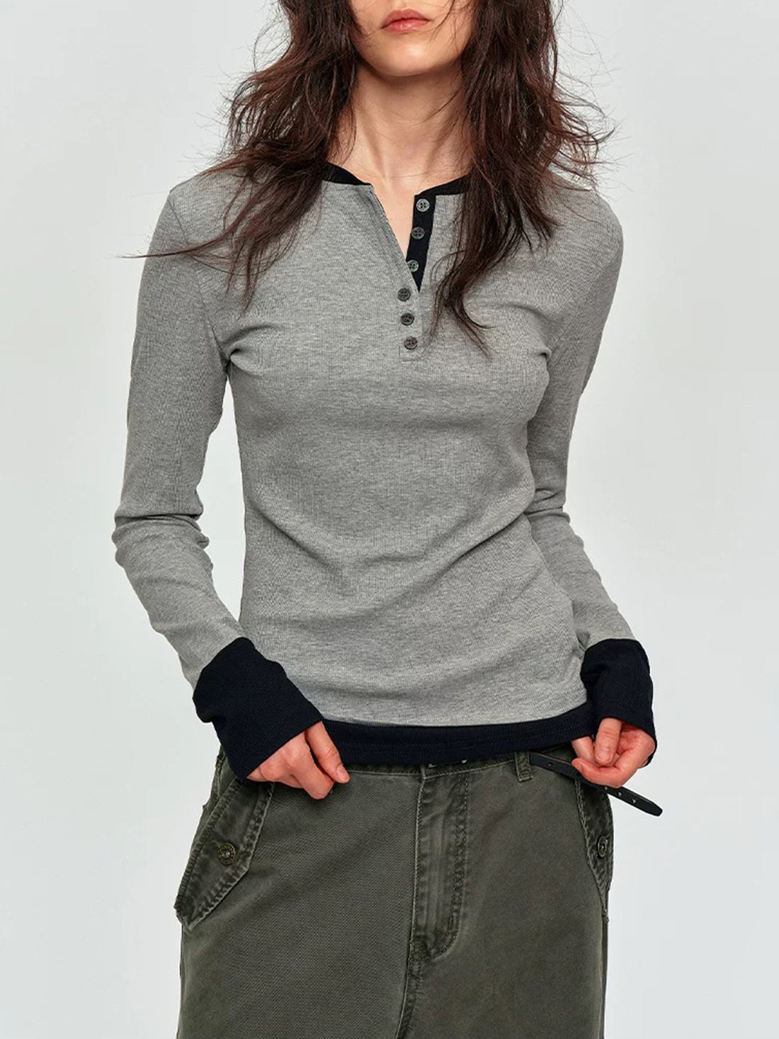Brick Lane Layered-Look Thumbhole Sweatshirt - Grey