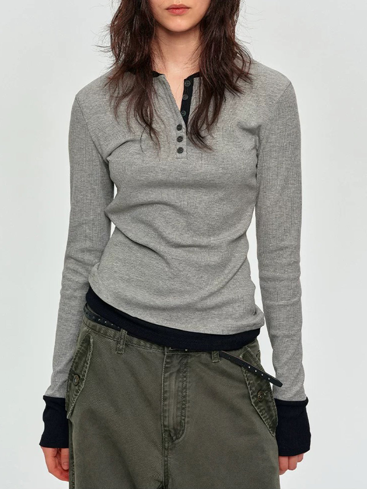 Brick Lane Layered-Look Thumbhole Sweatshirt - Grey