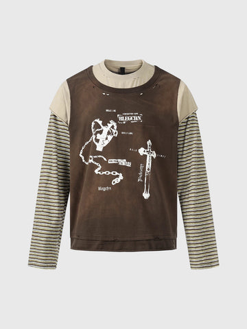 Brick Lane Layered-look Stripe Graphic Sweatshirt - Brown