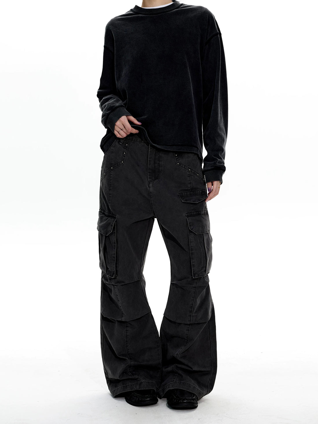Co-ed Dorm Wide-leg Washed Cargo Pants - Black