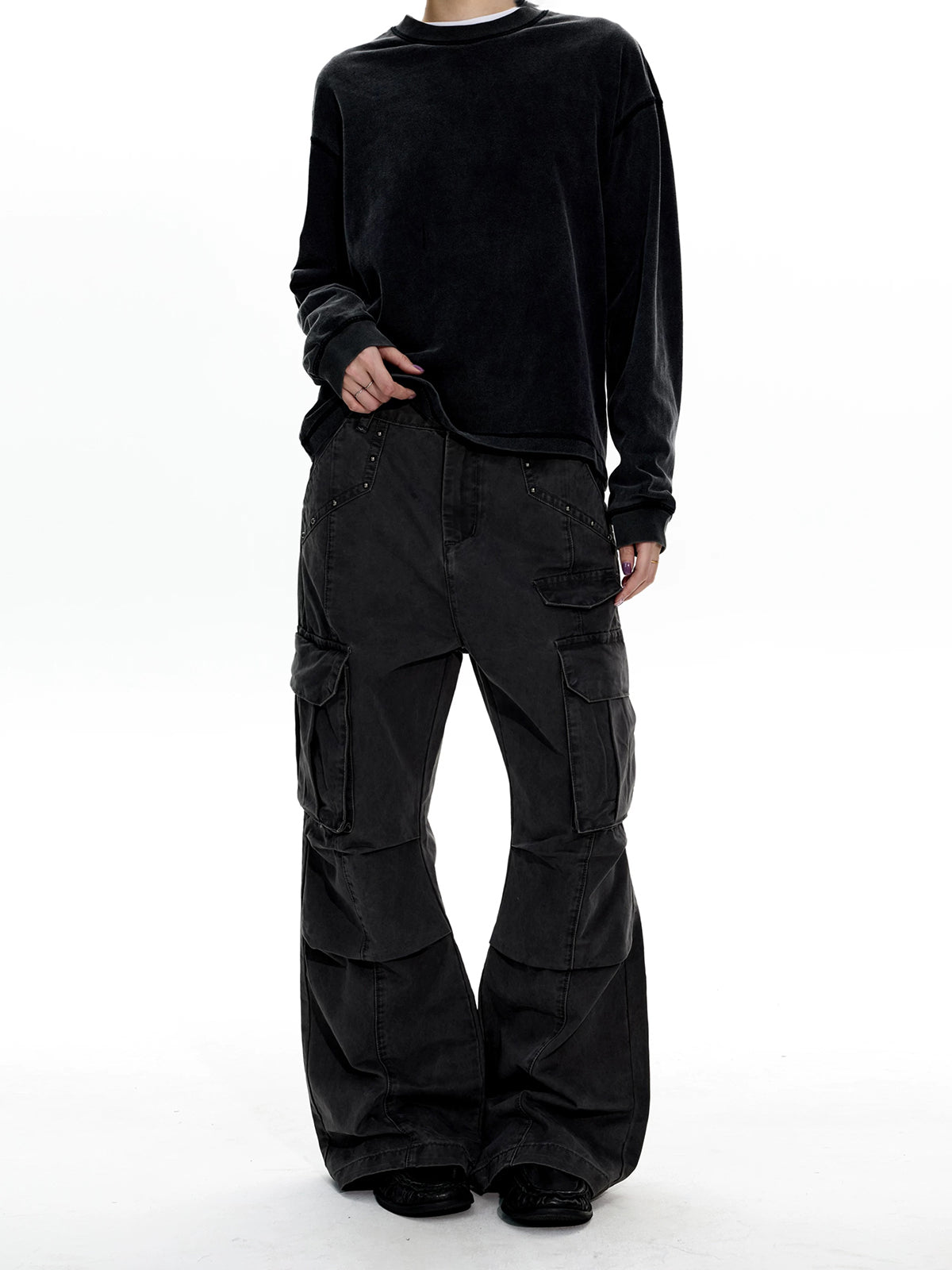 Co-ed Dorm Wide-leg Washed Cargo Pants - Black