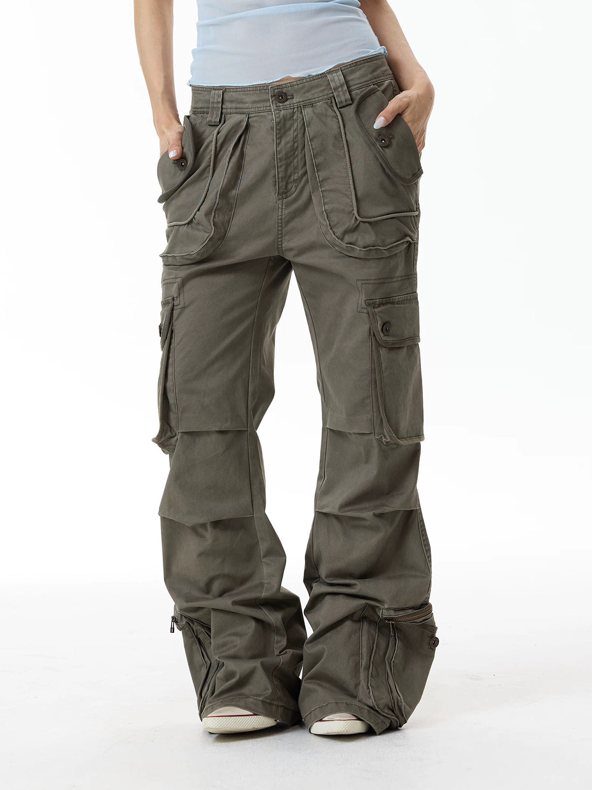 Co-ed Dorm Wide-leg Lace-Up Cargo Pants - Green