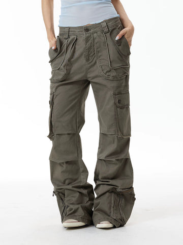 Co-ed Dorm Wide-leg Lace-Up Cargo Pants - Green