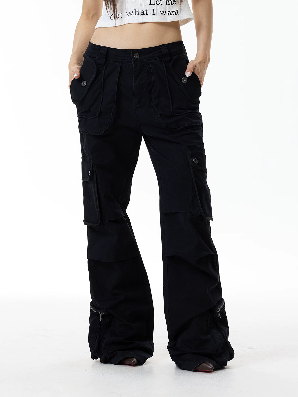 Co-ed Dorm Wide-leg Lace-Up Cargo Pants - Black
