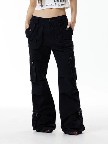 Co-ed Dorm Wide-leg Lace-Up Cargo Pants - Black