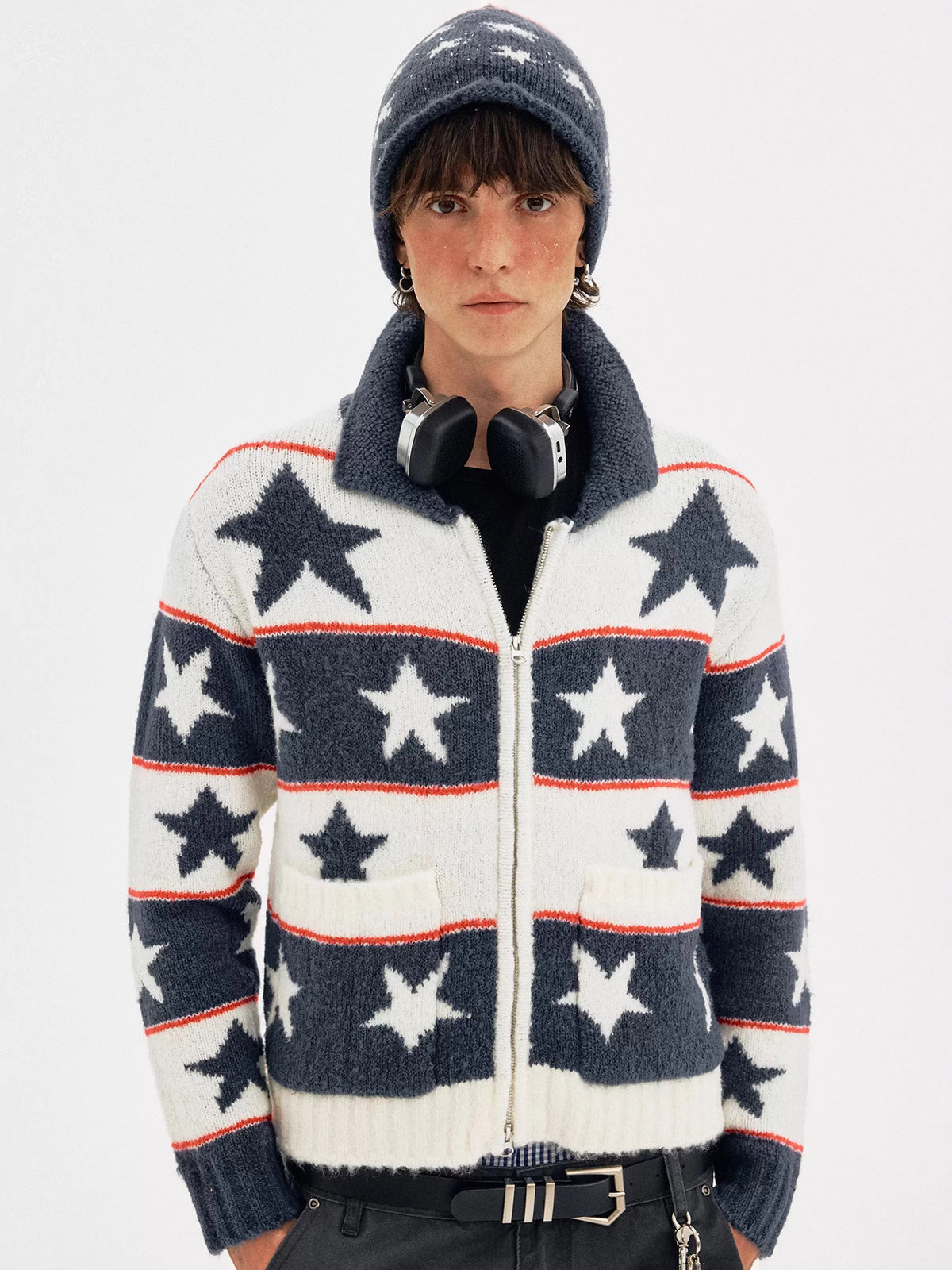 American Club Baggy Star Pattern Knit Zip-up Sweater - Blue