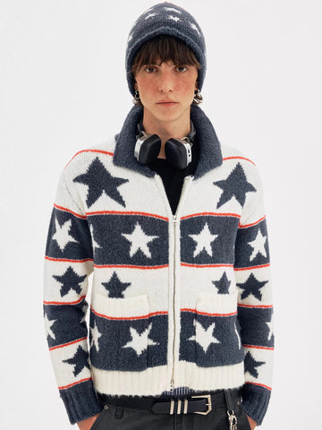 American Club Baggy Star Pattern Knit Zip-up Sweater - Blue