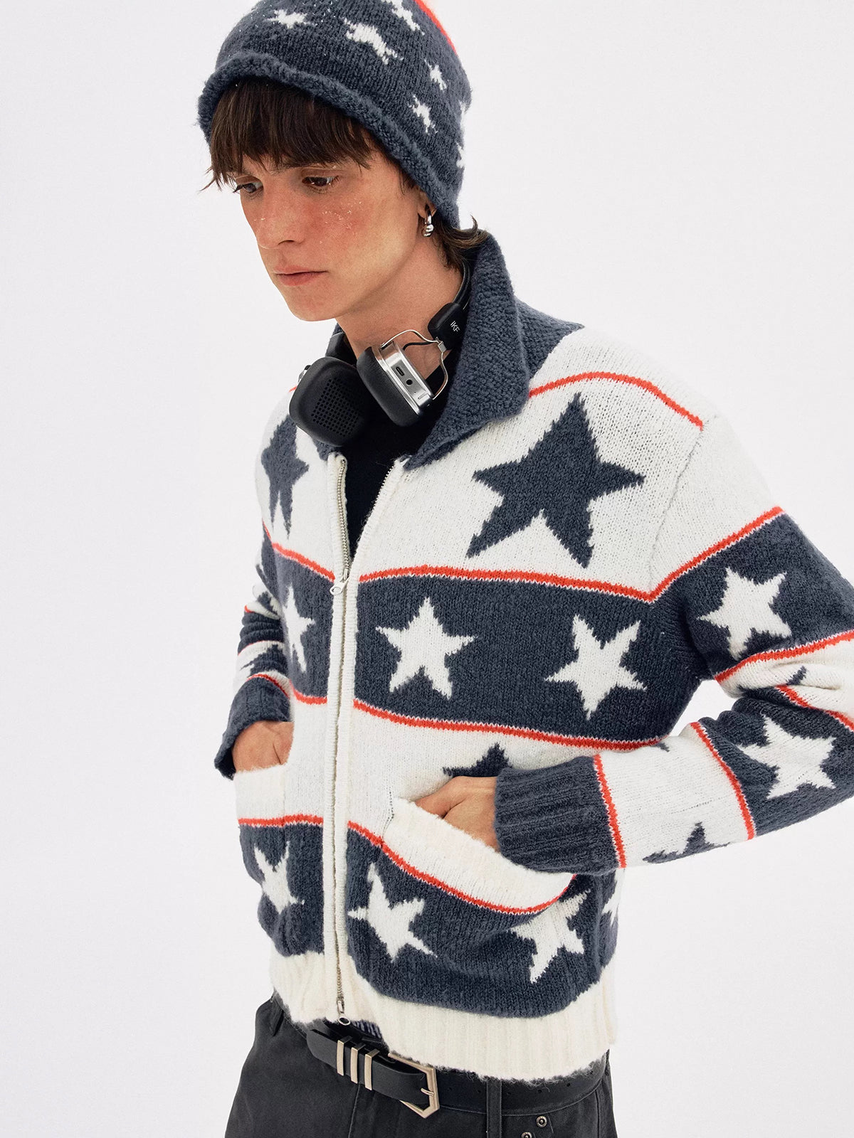 American Club Baggy Star Pattern Knit Zip-up Sweater - Blue