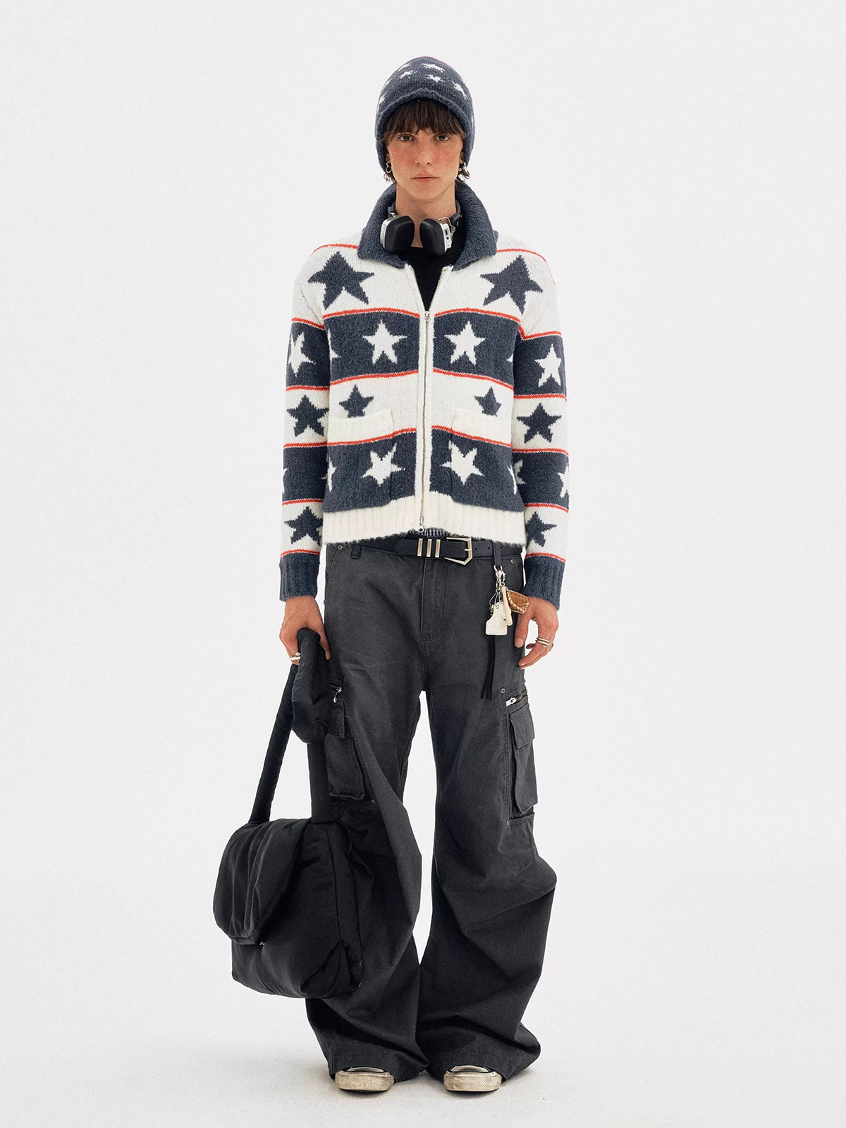 American Club Baggy Star Pattern Knit Zip-up Sweater - Blue