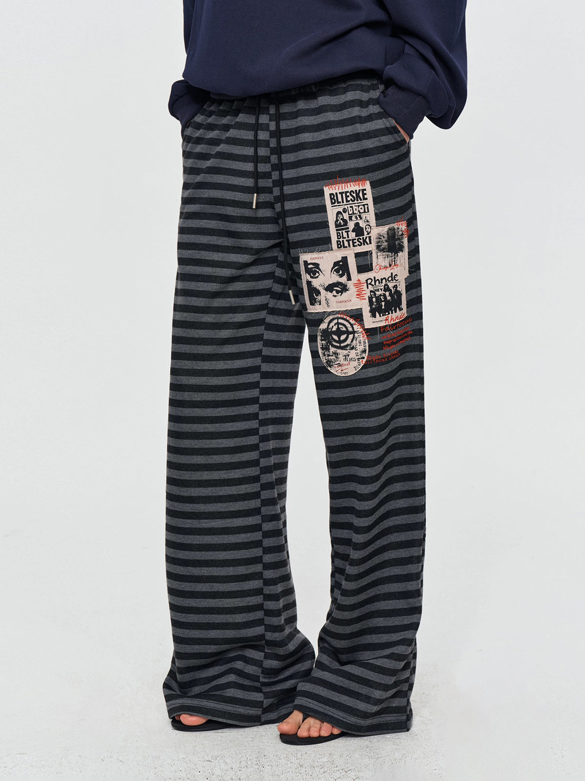 Co-ed Dorm Wide-leg Striped Patchwork Pants - Blue