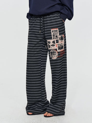 Co-ed Dorm Wide-leg Striped Patchwork Pants - Blue