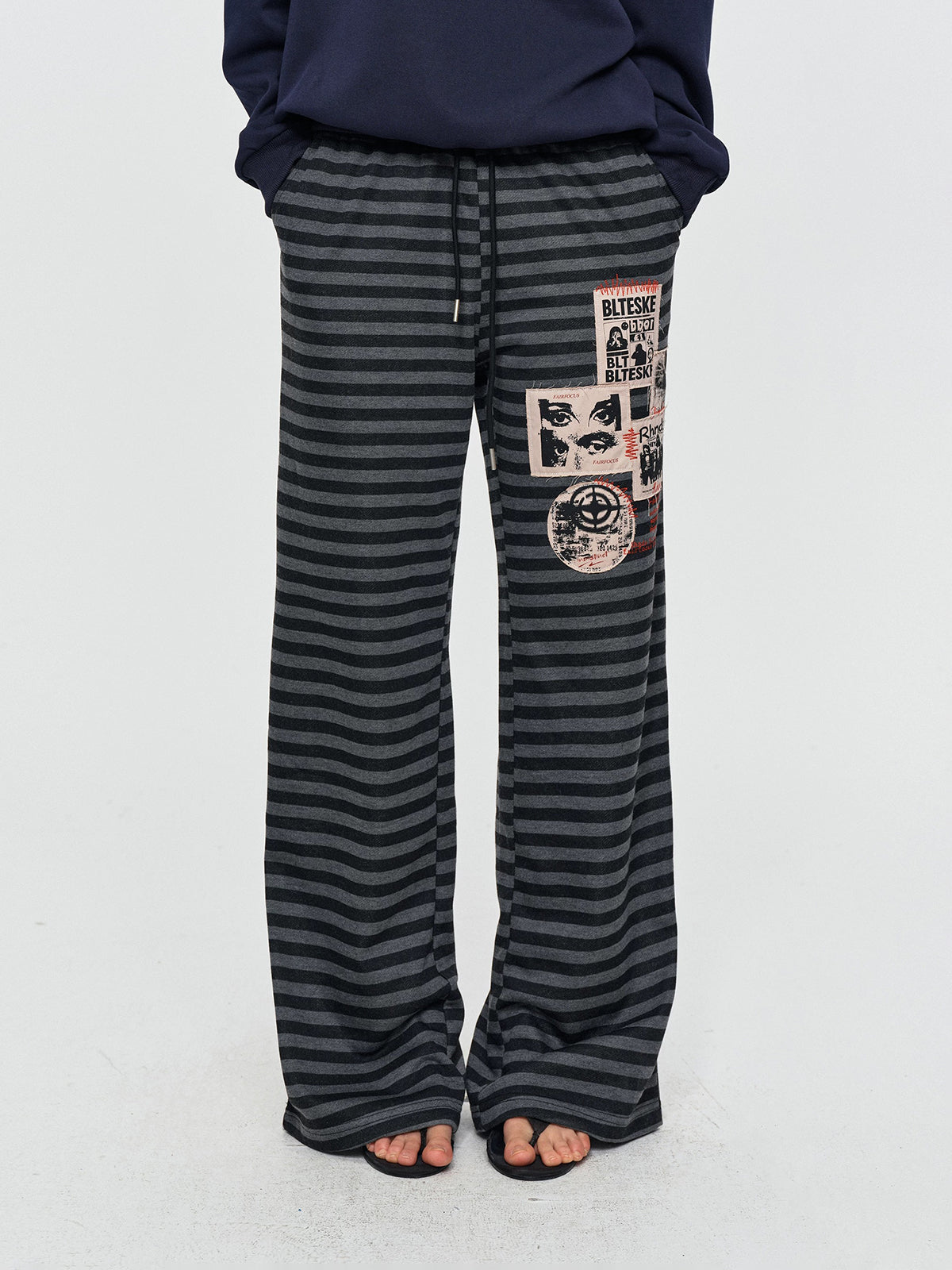 Co-ed Dorm Wide-leg Striped Patchwork Pants - Blue