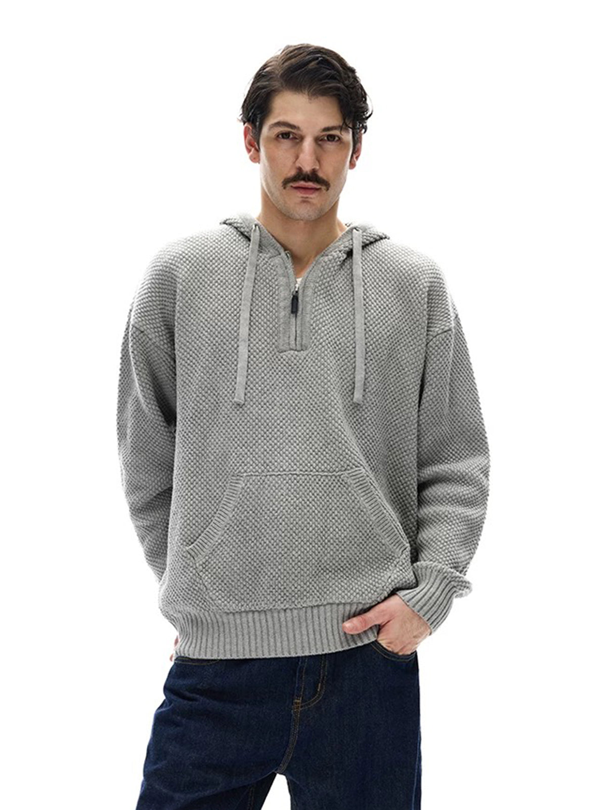 Co-ed Dorm Baggy Striped Washed Zip-up Hoodie - Grey