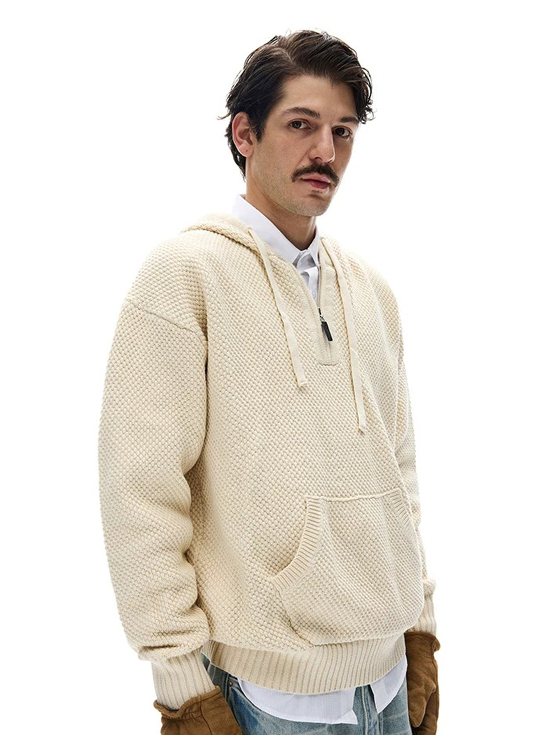 Co-ed Dorm Baggy Striped Washed Zip-up Hoodie - Beige