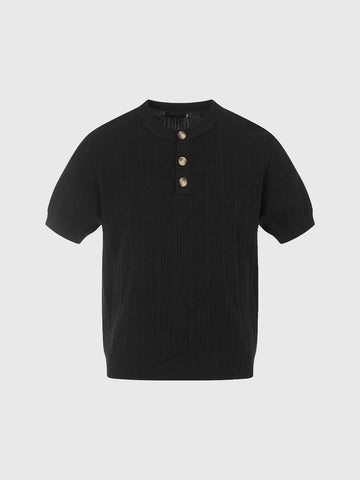 Co-ed Dorm Baggy Waffle Knit Henley Top - Black