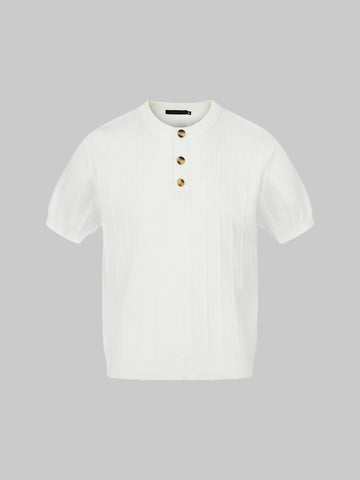 Co-ed Dorm Baggy Waffle Knit Henley Top - White