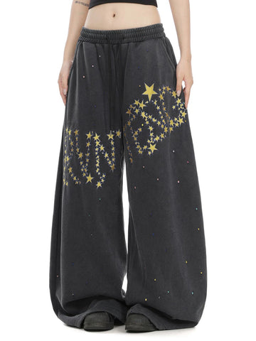 Co-ed Dorm Wide-leg Star Washed Denim Pants - Black
