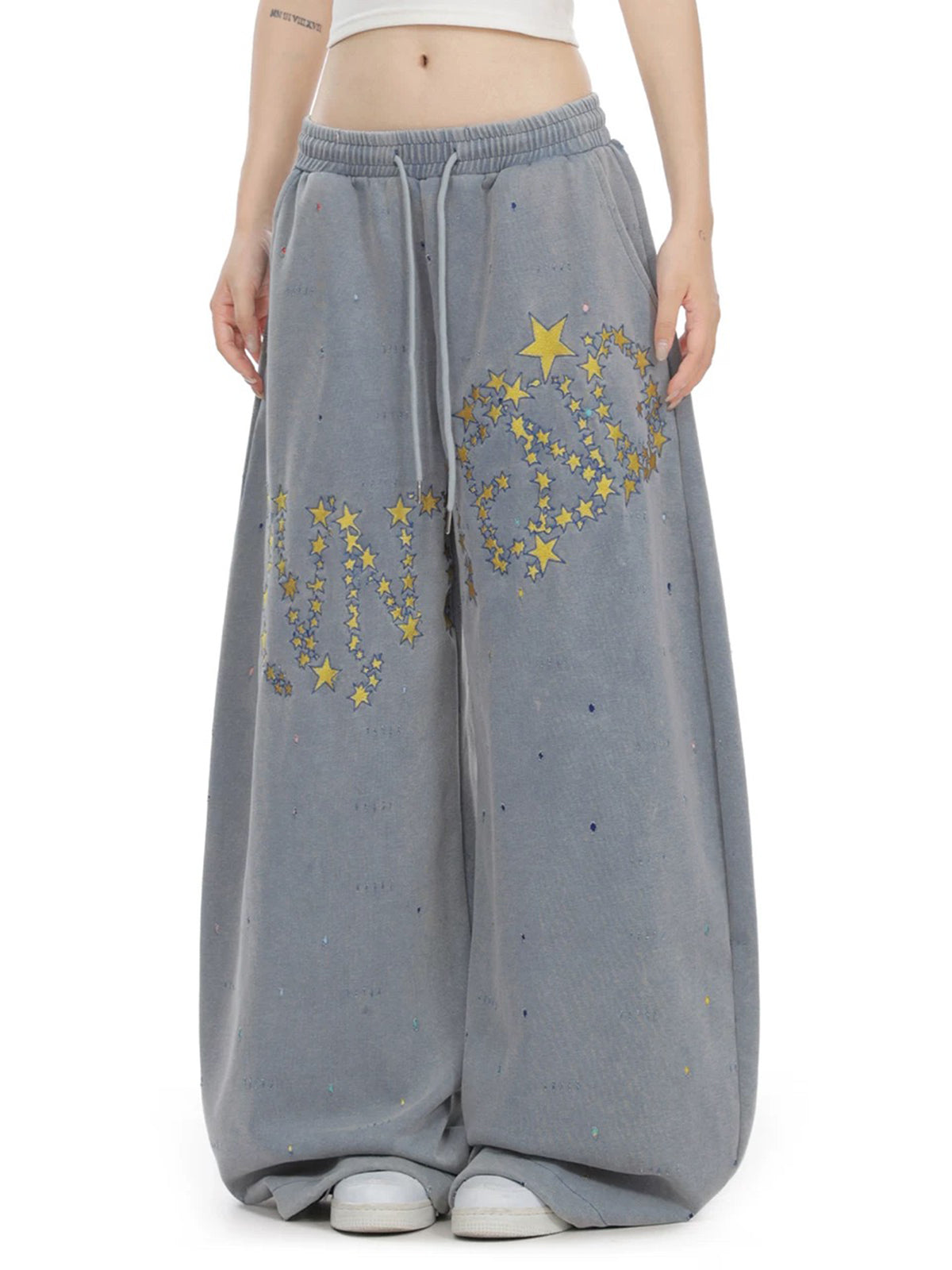 Co-ed Dorm Wide-leg Star Washed Denim Pants - Blue