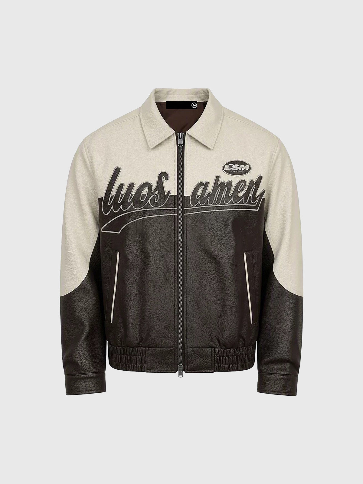 American Club Baggy Leather Contrast Color Bomber Jacket - Beige