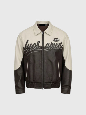 American Club Baggy Leather Contrast Color Bomber Jacket - Beige