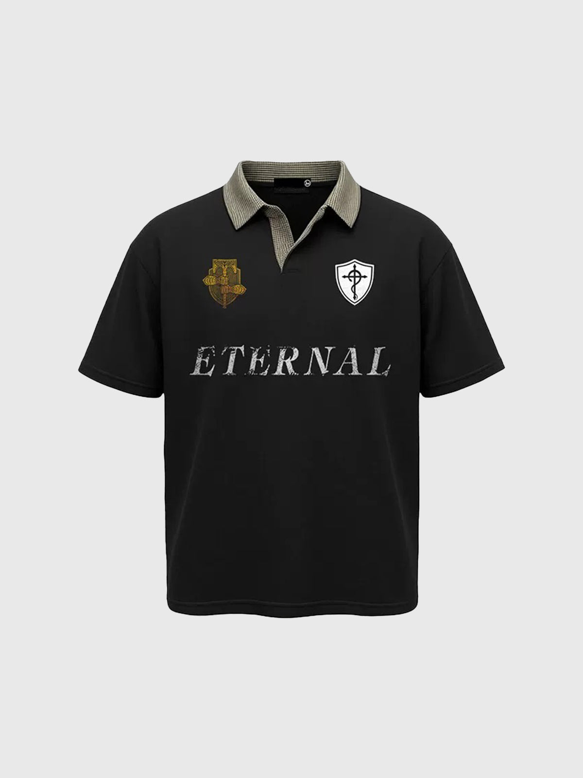 Brick Lane Baggy Check Collar Graphic Polo - Black