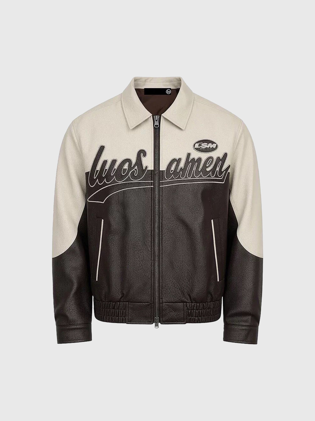 American Club Baggy Leather Contrast Color Bomber Jacket - Beige