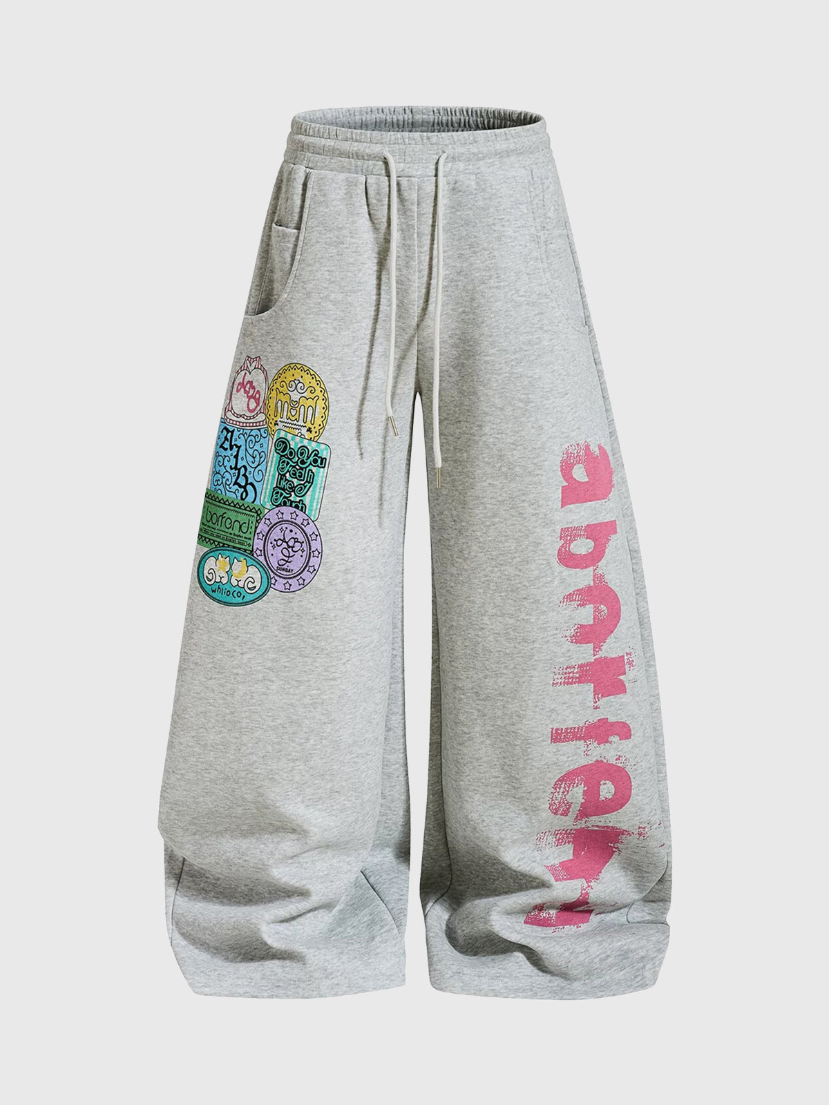 Co-ed Dorm Wide-leg Graffiti Graphic Sweatpants - Grey