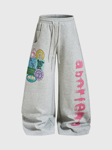 Co-ed Dorm Wide-leg Graffiti Graphic Sweatpants - Grey
