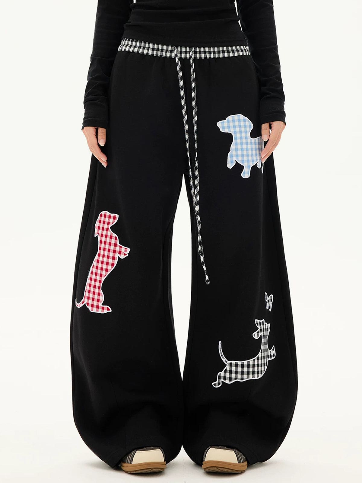 Co-ed Dorm Curved Cut Plaid Graphic Pants - Black