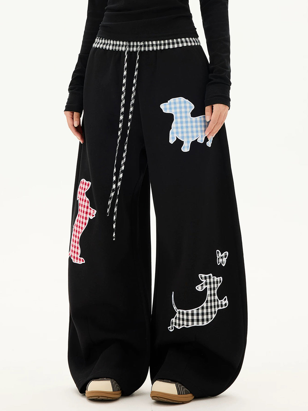 Co-ed Dorm Curved Cut Plaid Graphic Pants - Black