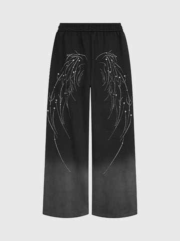 Co-ed Dorm Wide-leg Rhinestone Star Denim Pants - Black