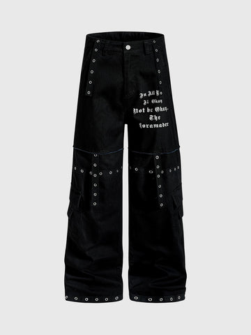 Brick Lane Straight Graphic Print Relaxed Pants - Black