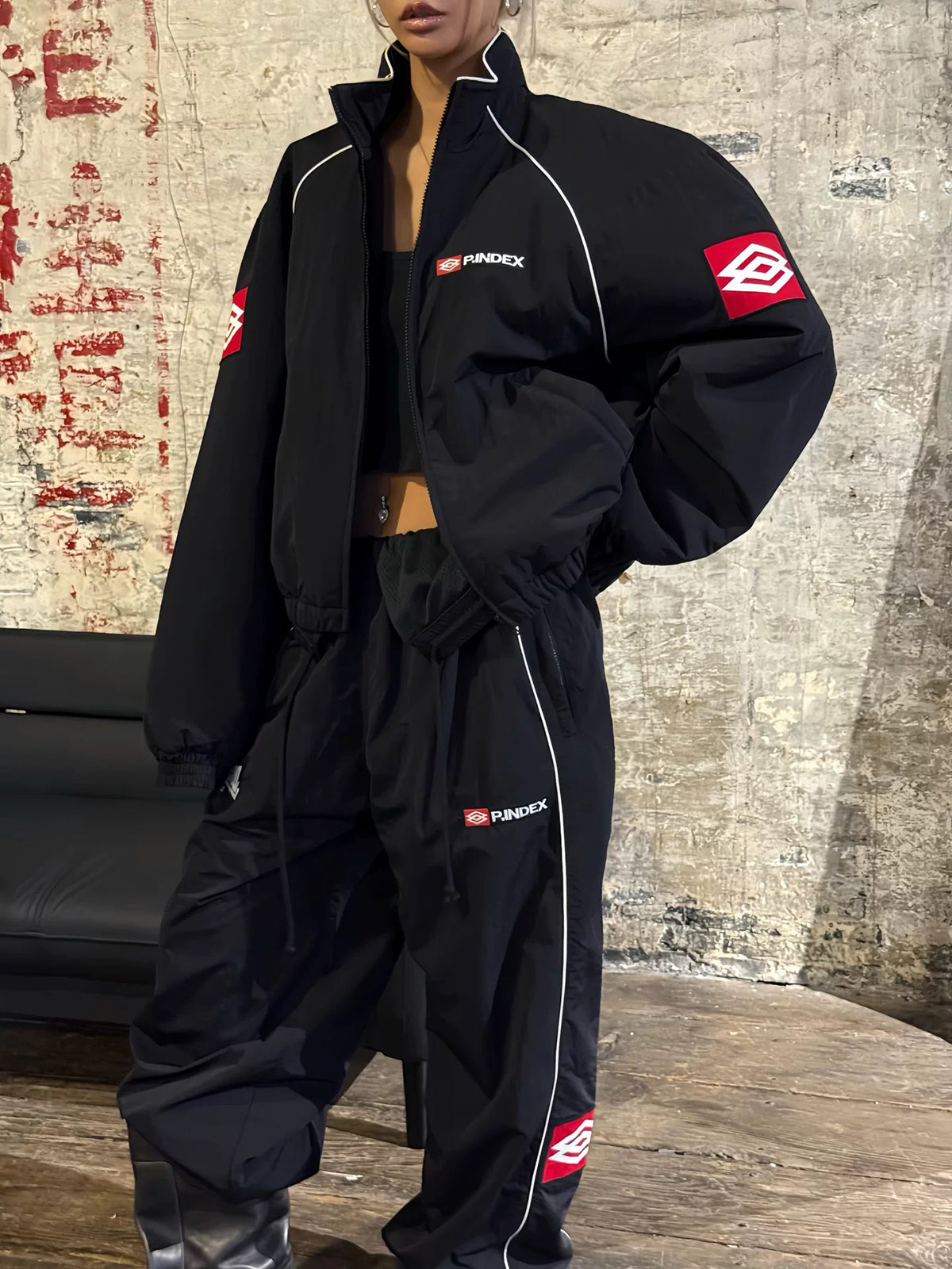 Co-ed Dorm Wide-leg Contrast Racing Pants - Black