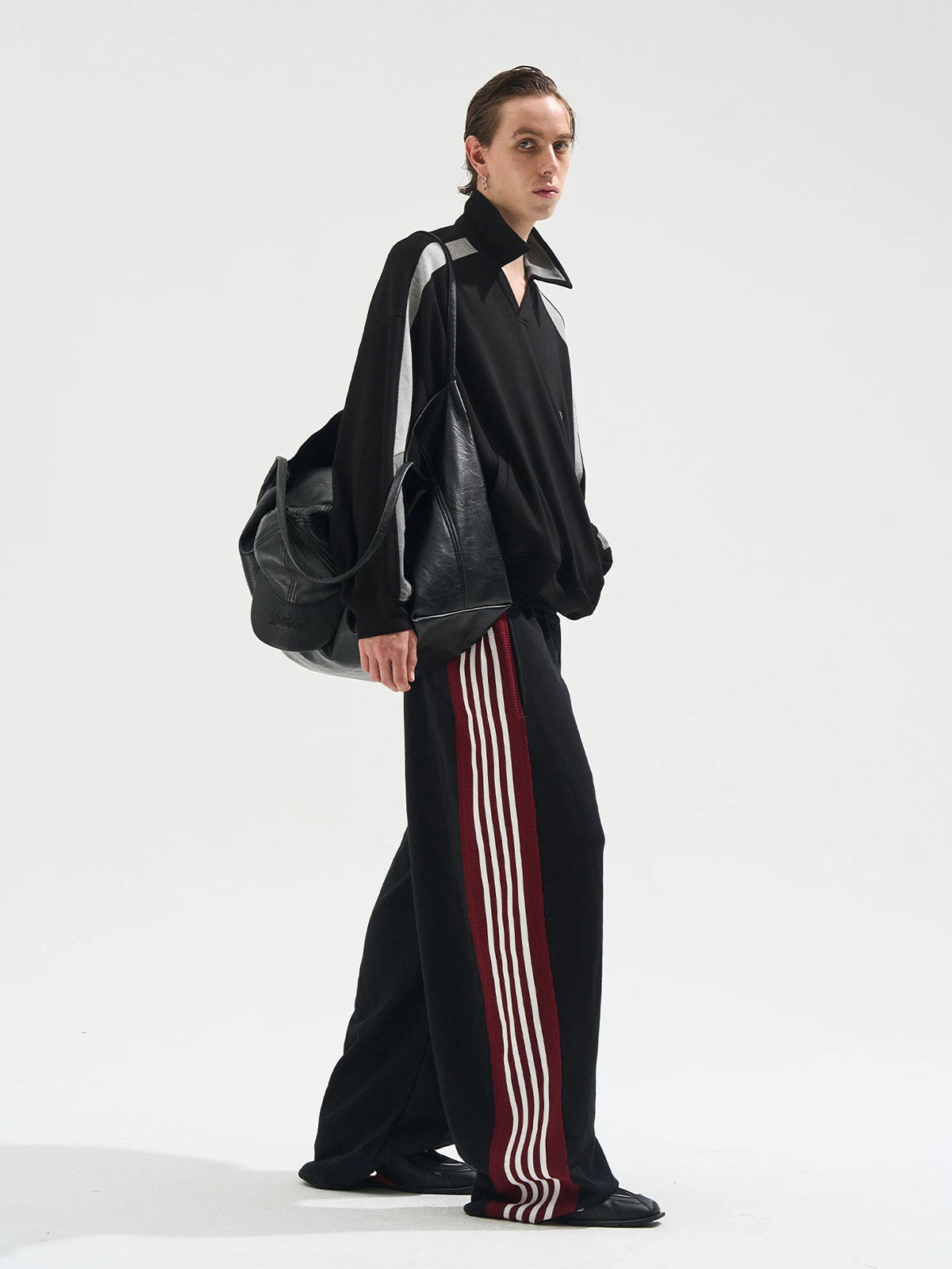 Co-ed Dorm Wide-leg Striped Track Pants - Black