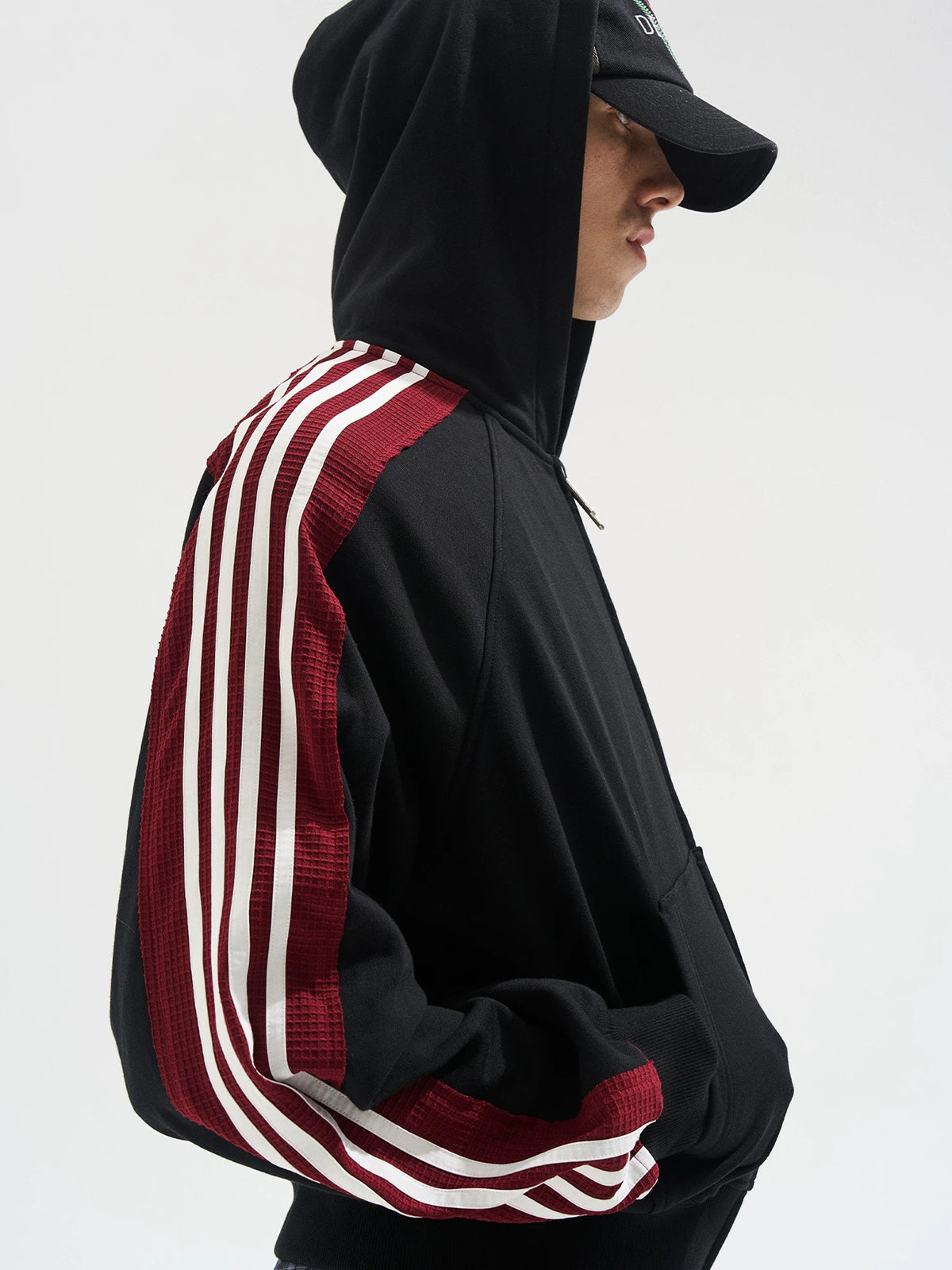 Co-ed Dorm Baggy Striped Zip-up Hoodie - Black